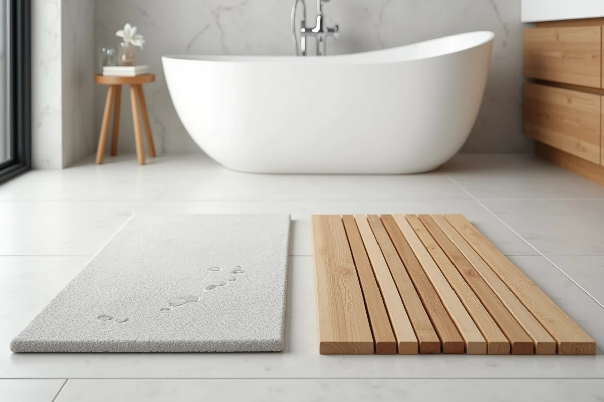 Comparaison d'un tapis de bain en diatomite et d'un tapis en bambou côte à côte sur le sol d'une salle de bain contemporaine