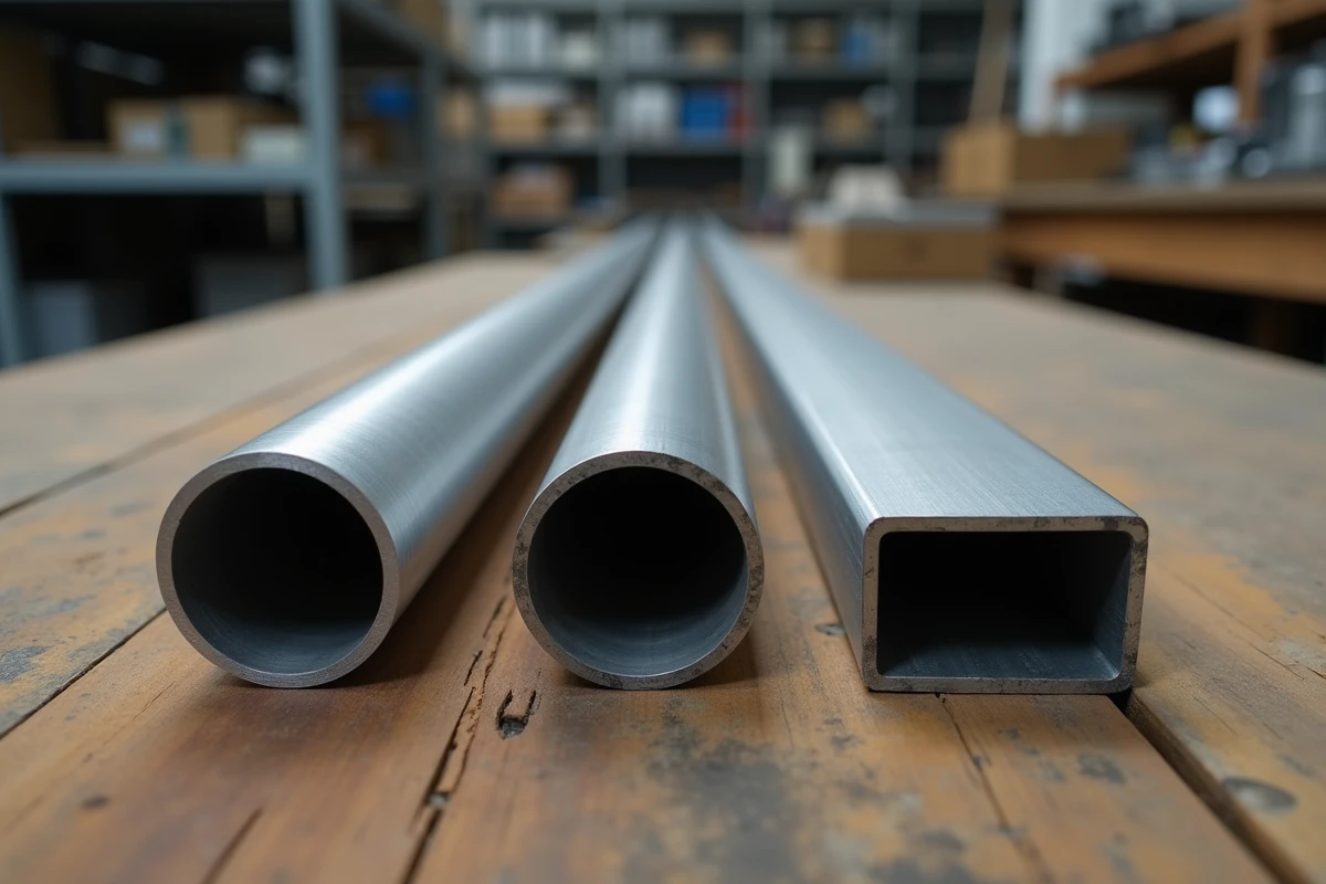 Comparaison de tubes en aluminium rond, carré et rectangulaire posés côte à côte sur un établi d'atelier industriel
