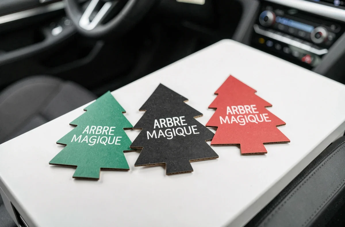Comparatif de trois désodorisants Arbre Magique pour voiture en pin, noir et cerise alignés sur une surface blanche avec habitacle flou en arrière-plan