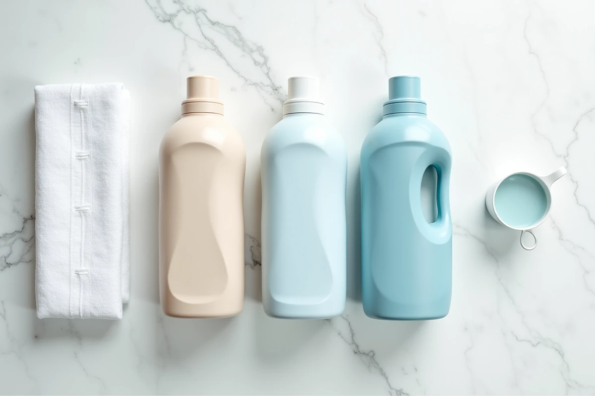 Vue aérienne de trois bouteilles de lessive liquide sur un plan de travail en marbre blanc pour comparer leurs caractéristiques