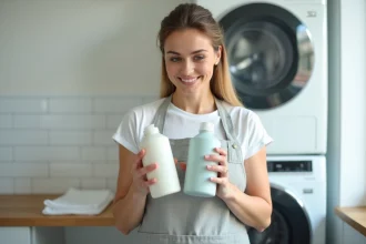 Femme comparant deux bouteilles de lessive liquide dans une buanderie moderne pour identifier la meilleure qualité