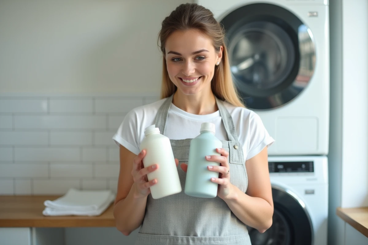 Femme comparant deux bouteilles de lessive liquide dans une buanderie moderne pour identifier la meilleure qualité