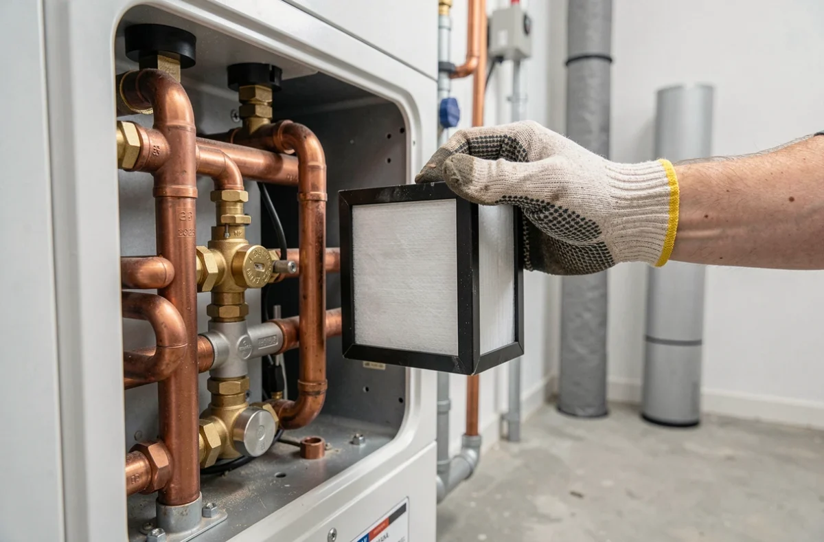 Gros plan sur les composants internes d'une pompe à chaleur air-eau lors d'une opération de nettoyage et vérification