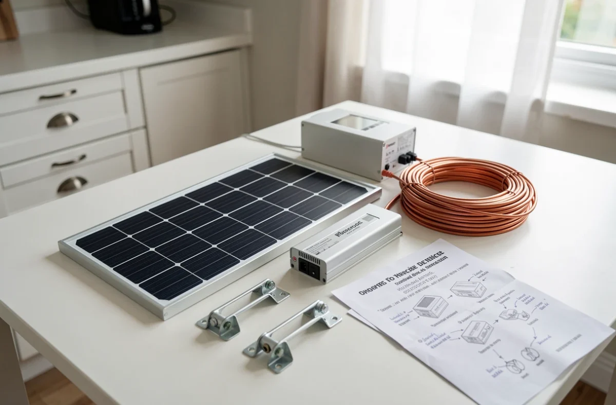 Composants d'un kit solaire en autoconsommation pas cher disposés sur une table, incluant panneau, onduleur et câblage