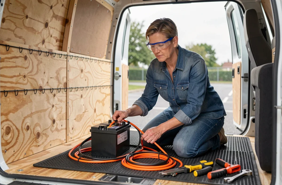 Femme connectant les câbles solaires à une batterie lithium à l'intérieur d'un fourgon aménagé en cours d'installation