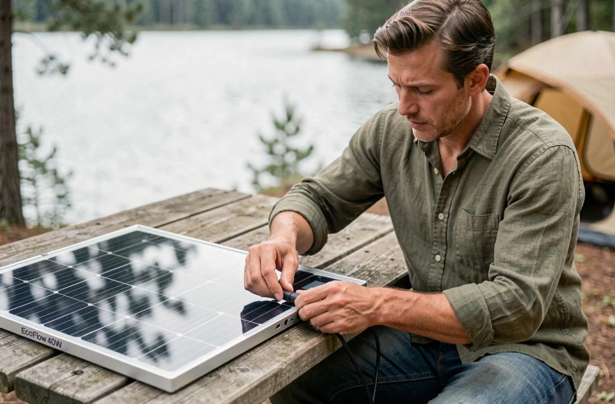 Homme connectant un panneau solaire EcoFlow 400W à une station d'énergie portable au bord d'un lac