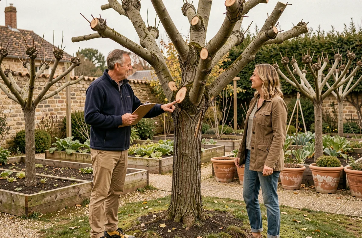 Conseiller en arboriculture expliquant les résultats d'un élagage à une propriétaire dans un jardin français