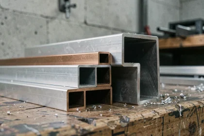 Cornières en aluminium anodisé empilées sur un établi d'atelier, montrant les finitions argent et bronze avec texture de surface détaillée