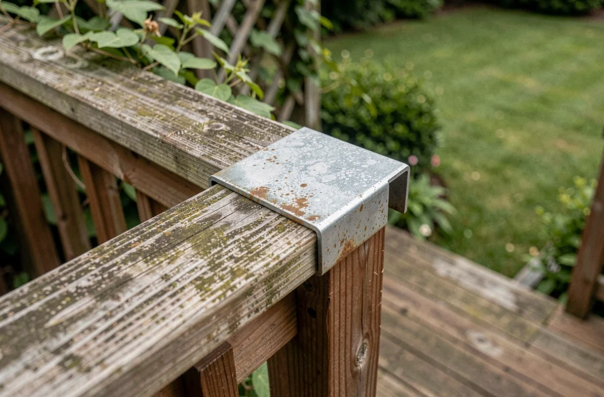 Cornière en aluminium vieillie fixée sur une terrasse extérieure en bois, illustrant la tenue dans le temps de l'anodisation après exposition aux intempéries