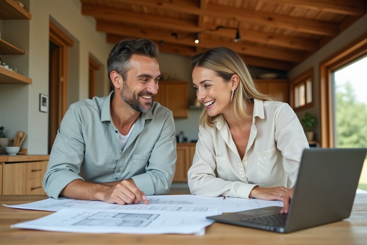 Couple examinant des documents d'aides financières pour une maison modulaire écologique dans un intérieur en bois naturel