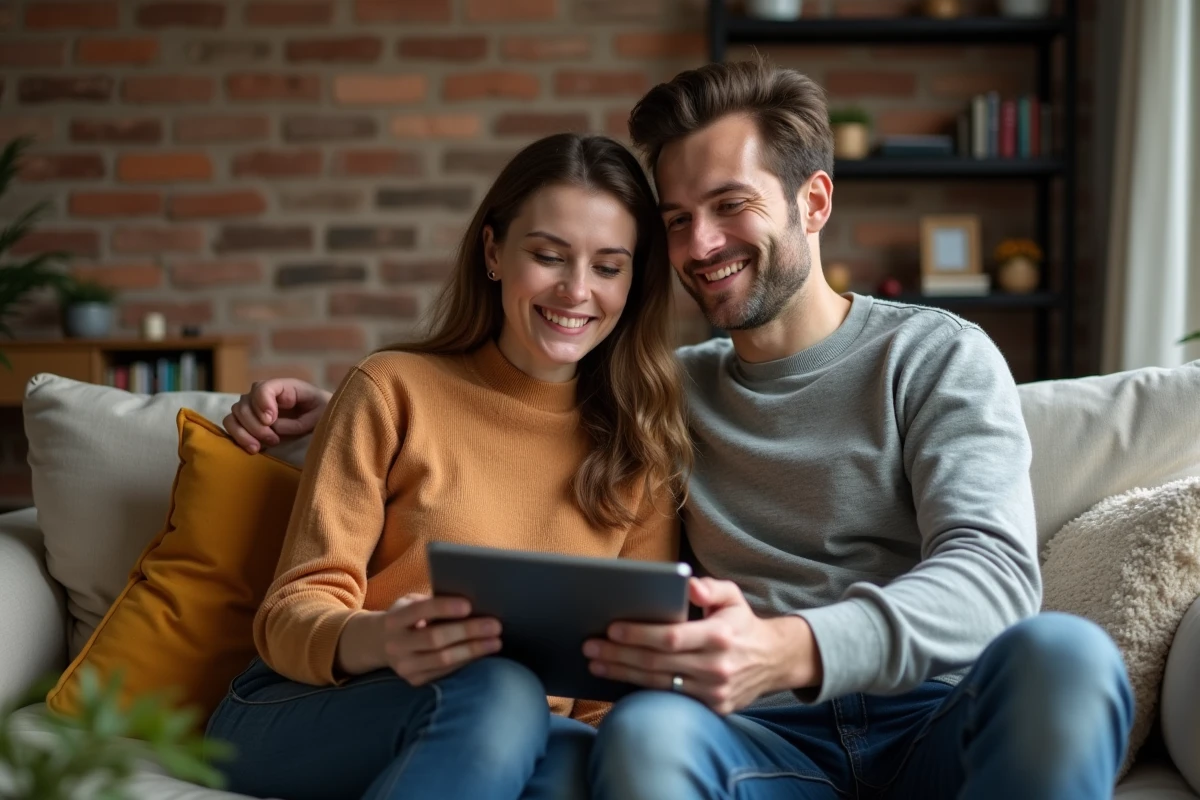 Couple comparant une offre d'assurance habitation Acheel sur une tablette dans leur salon