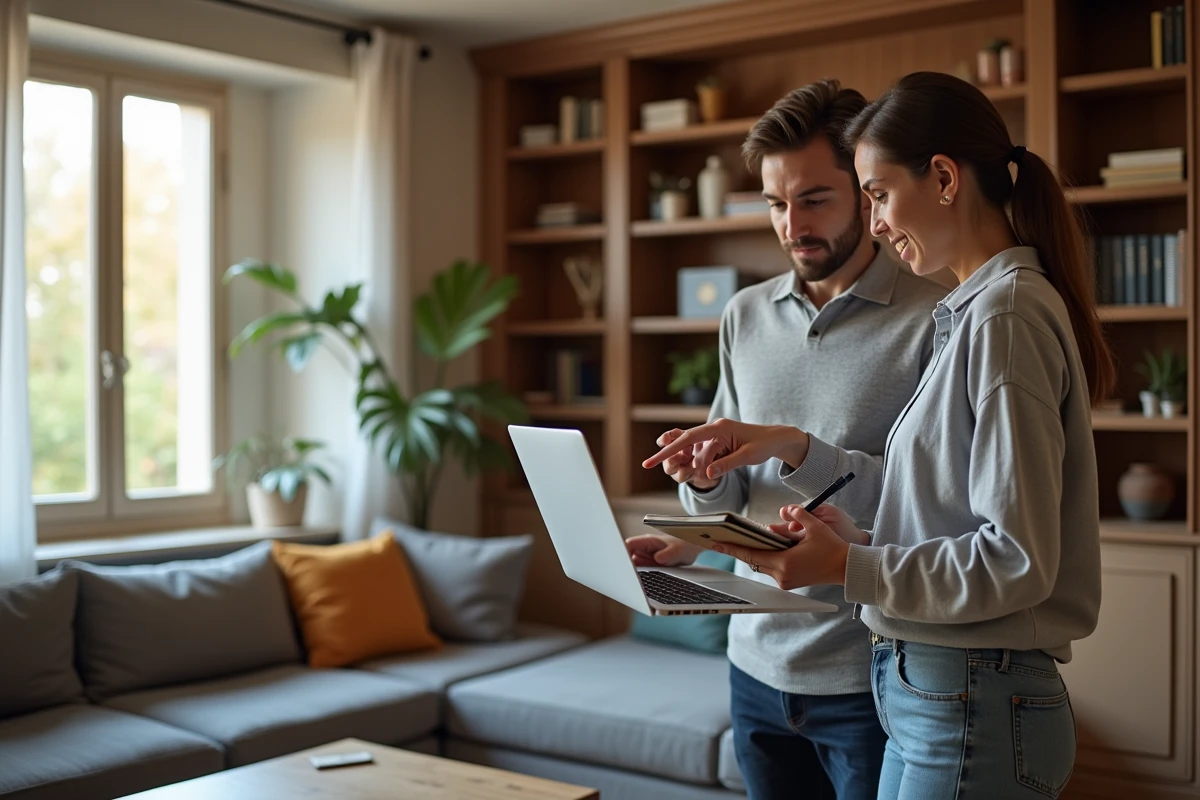 Couple comparant les prix d'assurance habitation sur ordinateur dans leur salon