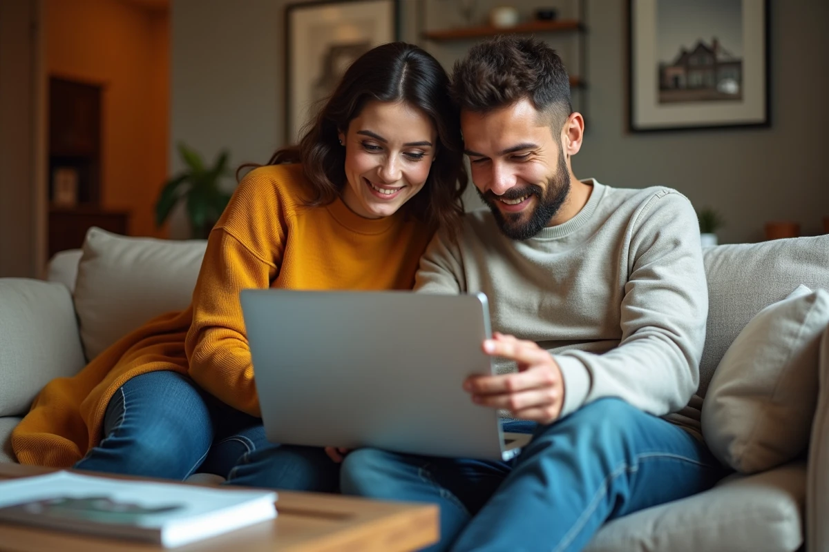 Couple étudiant ensemble les cas concrets et prix de l'application lamaison360 sur ordinateur portable