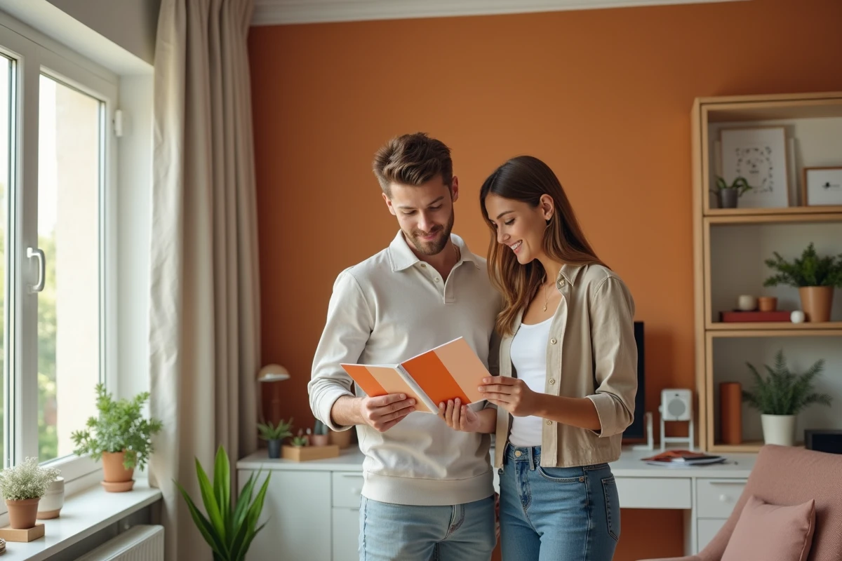 Jeune couple analysant un nuancier dans un bureau lumineux