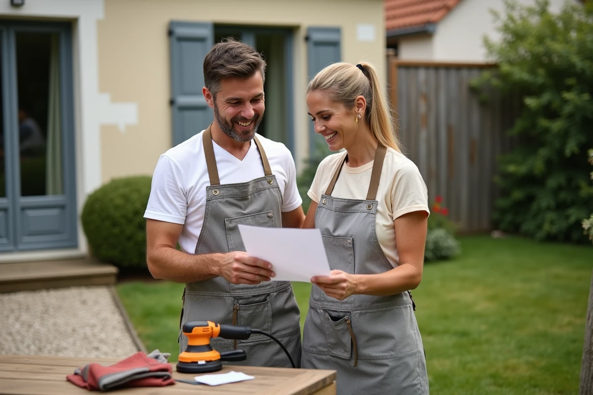 Couple de propriétaires consultant une facture de location d'outils à la journée dans leur jardin après des travaux de peinture extérieure
