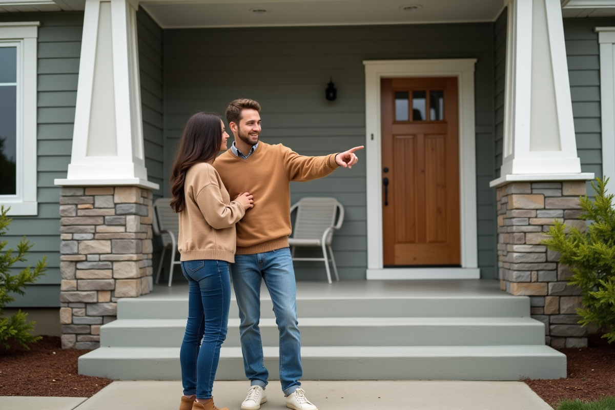 Jeune couple admirant la façade d