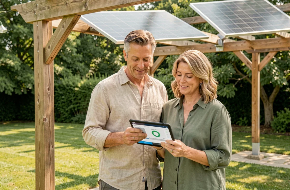 Un couple consulte une application de monitoring solaire sur tablette devant des panneaux plug and play installés sur une pergola de jardin