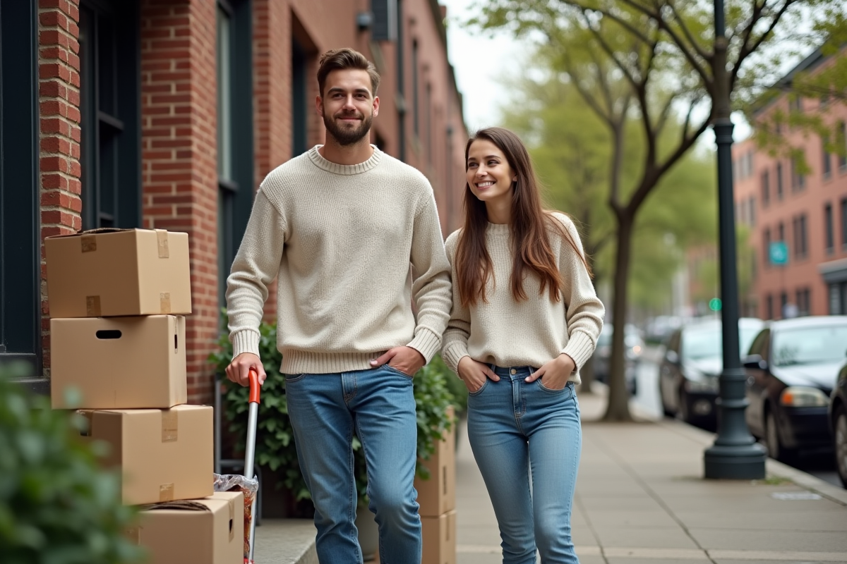 Jeune couple souriant devant leur immeuble avec cartons de movee