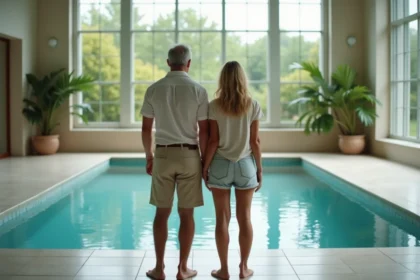 Couple d'adultes au bord de la piscine intérieure