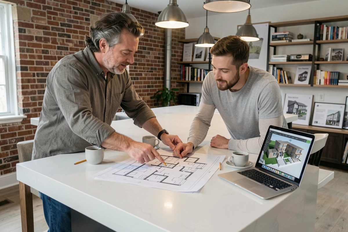 Couple étudiant le plan en L d'une maison 4 chambres avec blueprint et ordinateur portable