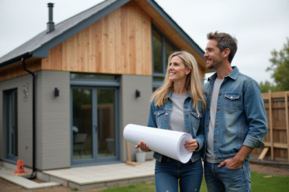 Couple en extérieur avec plan de maison en rénovation