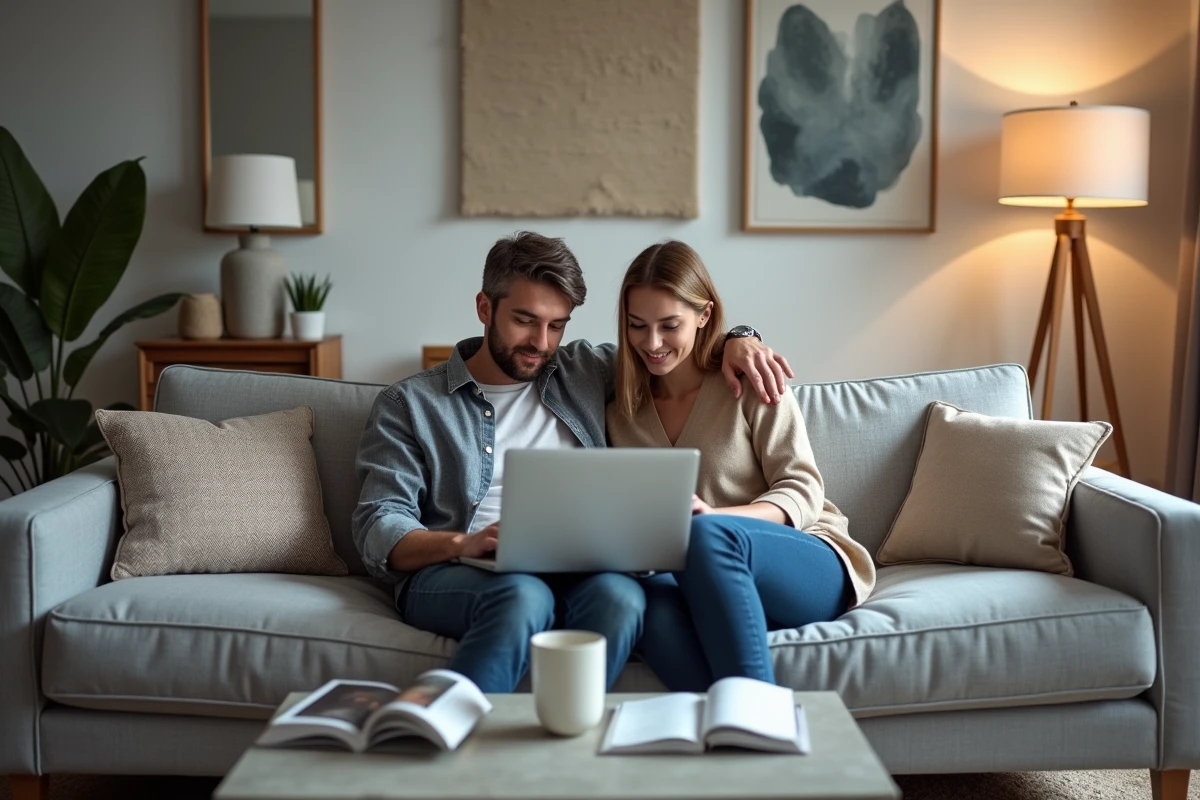 Couple découvrant les résultats de leur test de style de décoration intérieure sur un ordinateur portable