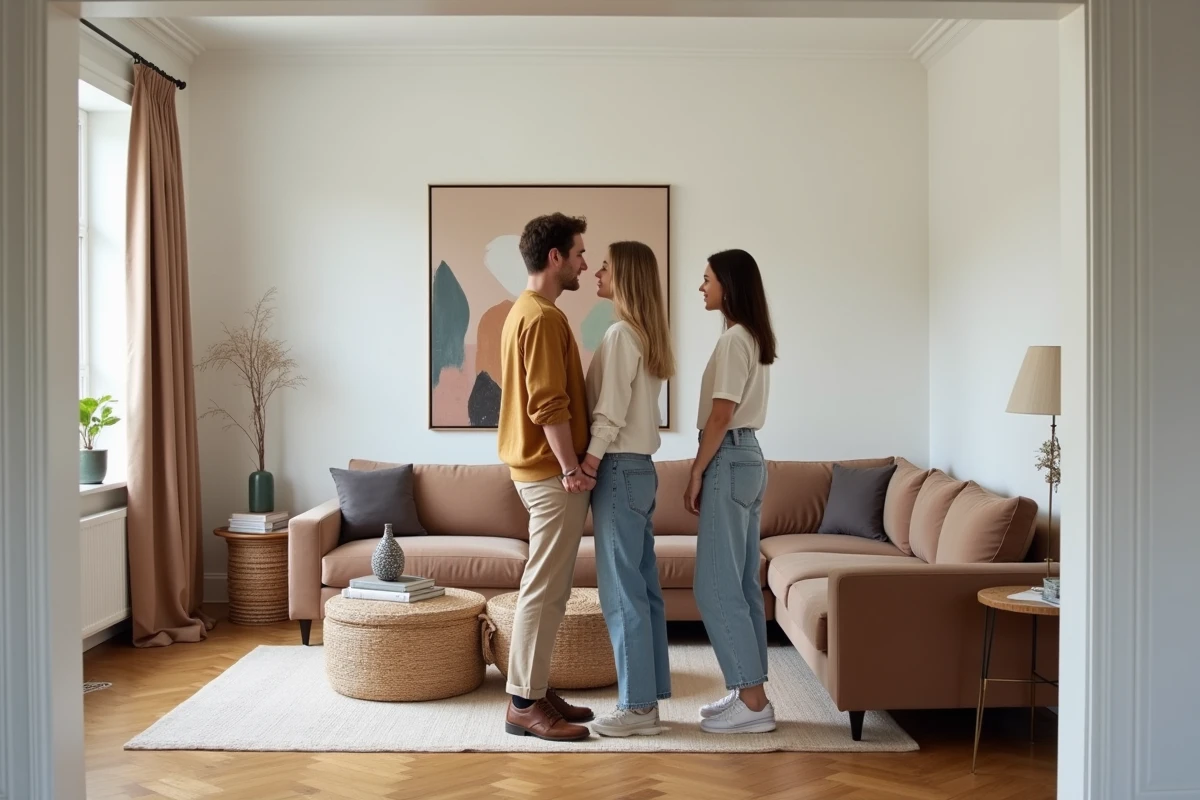 Couple admirant leur salon fraîchement décoré avec un canapé en velours modulable et un parquet en chevrons