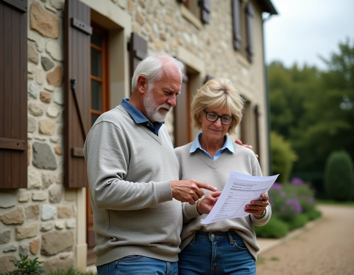 Couple de propriétaires vérifiant ensemble un devis d'artisan devant leur maison pour éviter les arnaques