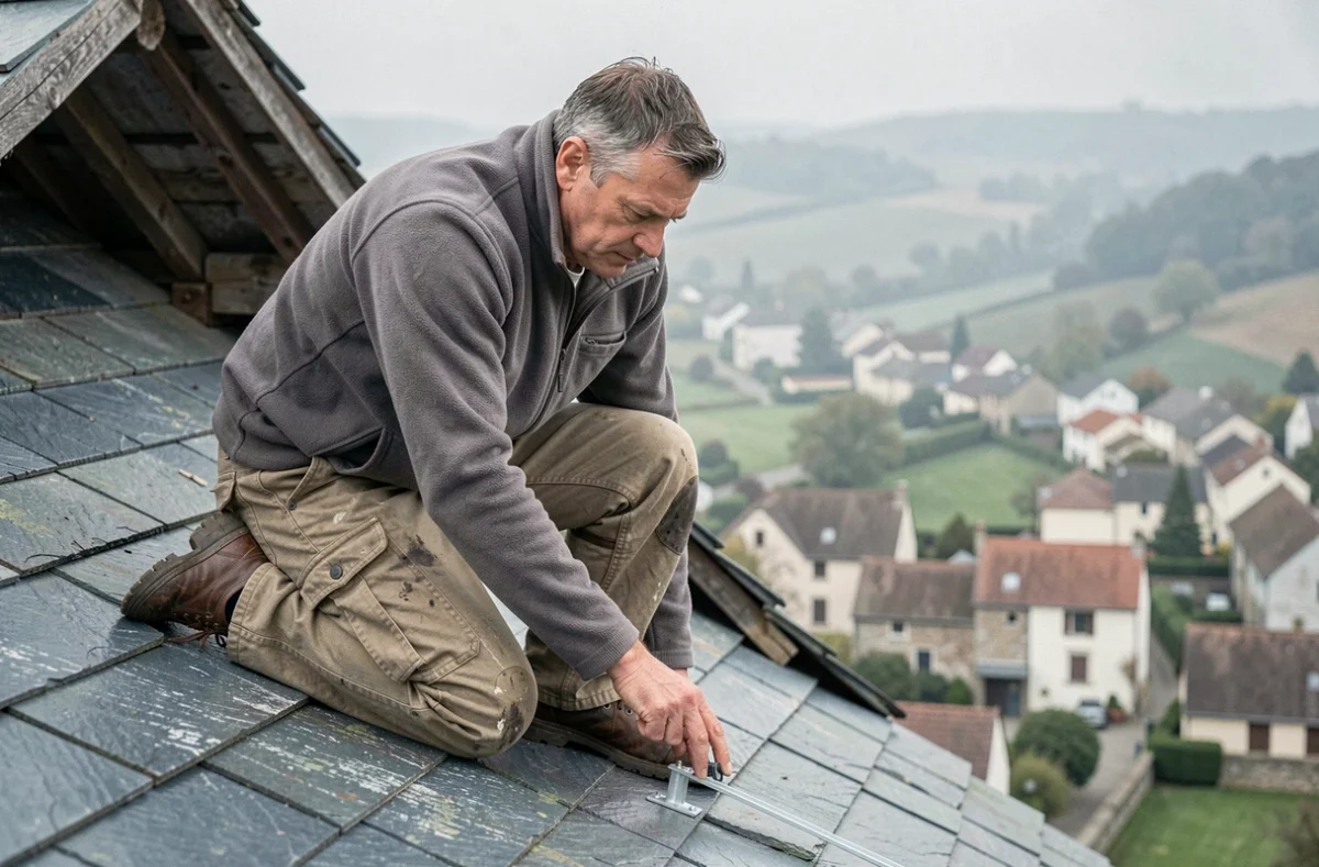 Installateur de Couverture Cellet fixant des supports de panneaux solaires sur un toit en ardoise dans le Cher