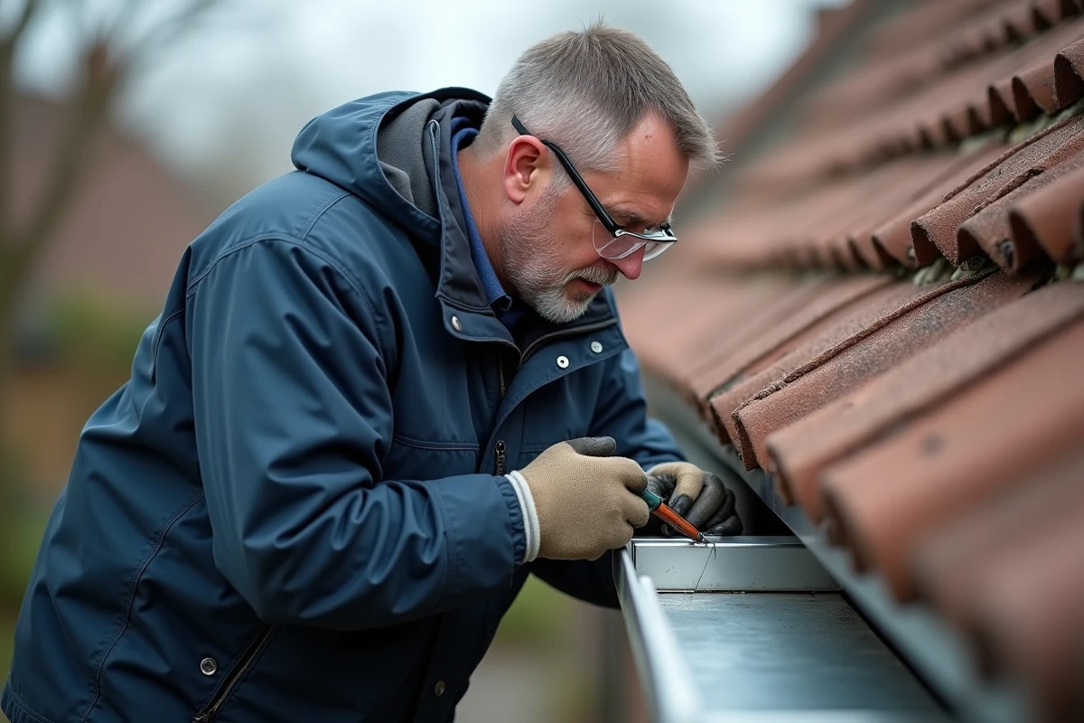 Couvreur middleaged soudant une gouttière zinc en extérieur