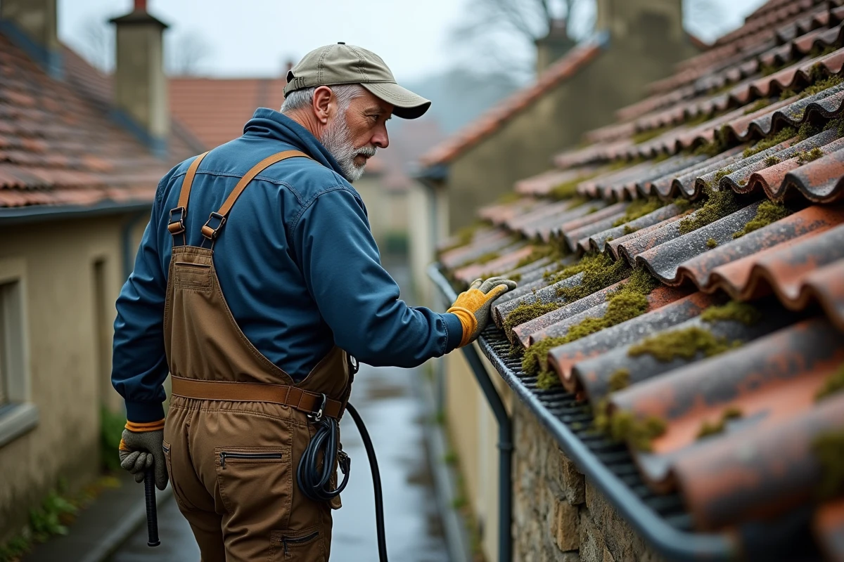 Couvreur professionnel près d'une toiture en tuiles anciennes