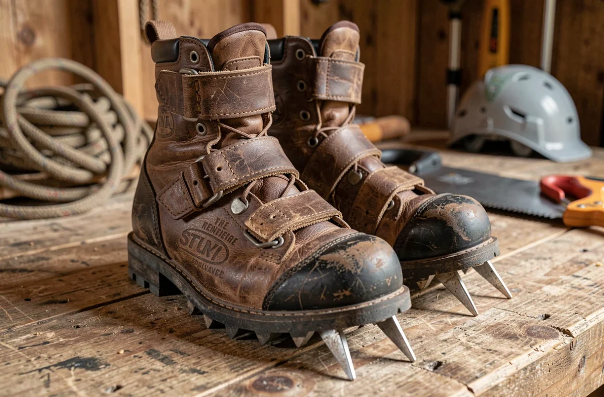 Gros plan sur une paire de crampons d'élagage professionnels en acier posés sur un établi, détail des sangles et pointes