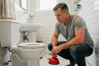 Un homme utilisant une ventouse pour déboucher des toilettes dans une salle de bain résidentielle