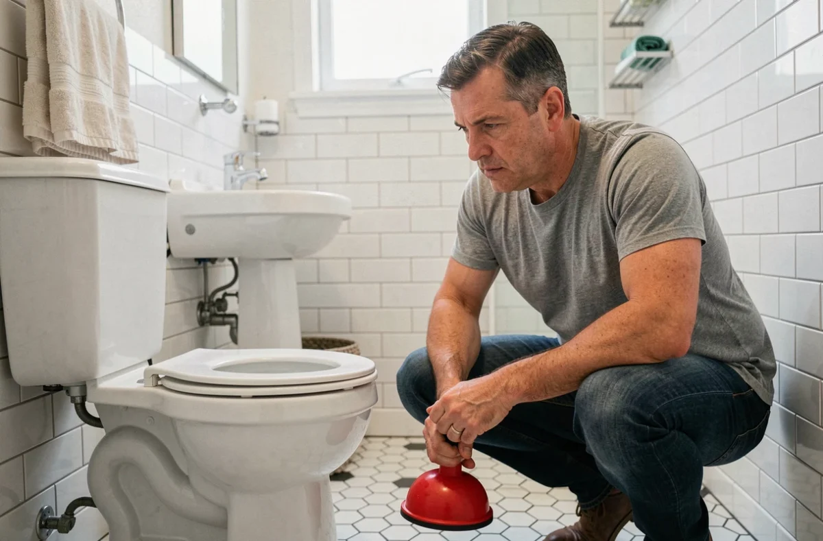 Un homme utilisant une ventouse pour déboucher des toilettes dans une salle de bain résidentielle