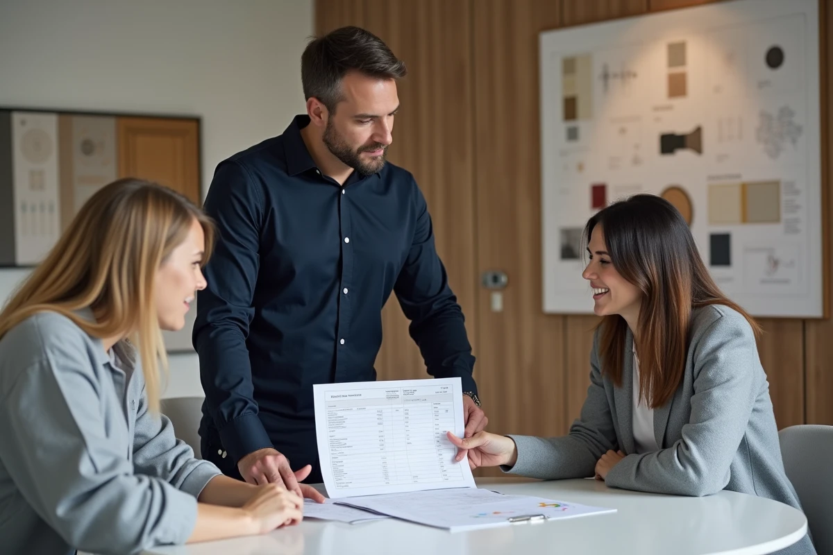 Décorateur d'intérieur expliquant les lignes d'un devis à un client dans un studio de design professionnel