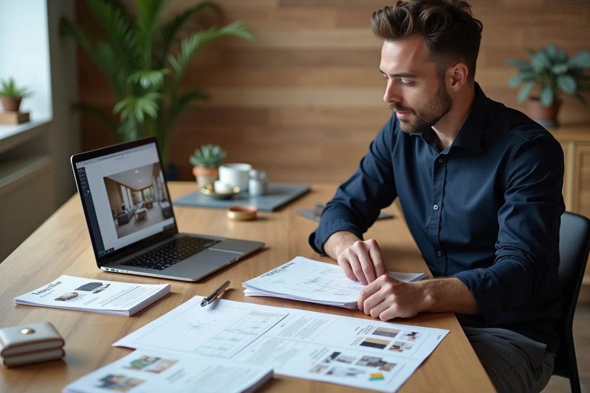 Décorateur d'intérieur analysant des prix et budgets de projet dans son studio de design