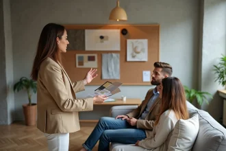 Décoratrice d'intérieur présentant des devis et échantillons à ses clients dans un appartement en rénovation