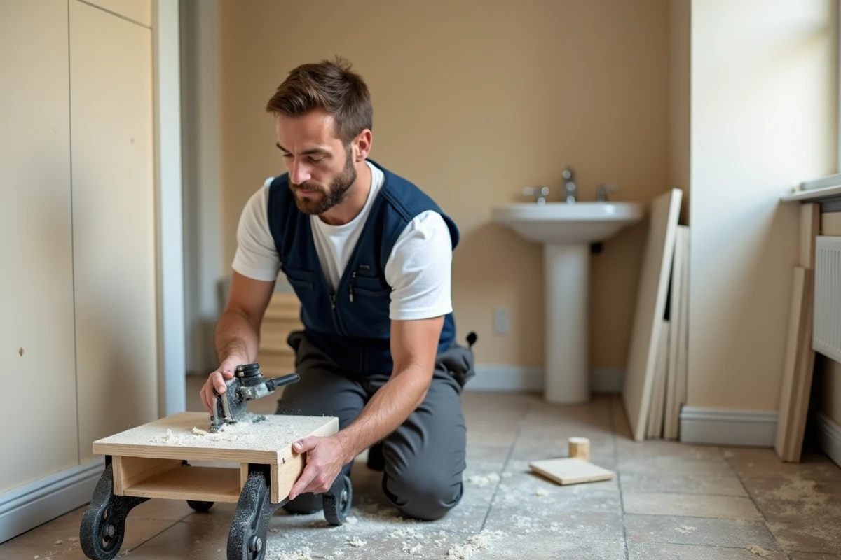Artisan découpant une plaque PVC pour salle de bain à la bonne dimension lors d'une rénovation