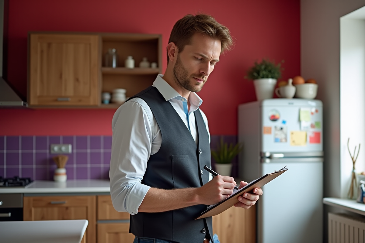 Designer d interieur prenant des notes dans une cuisine colorée