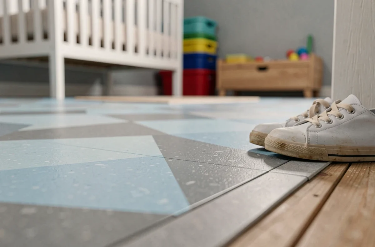 Gros plan sur un sol en linoléum géométrique bleu et gris dans une chambre d'enfant avec baskets posées dessus