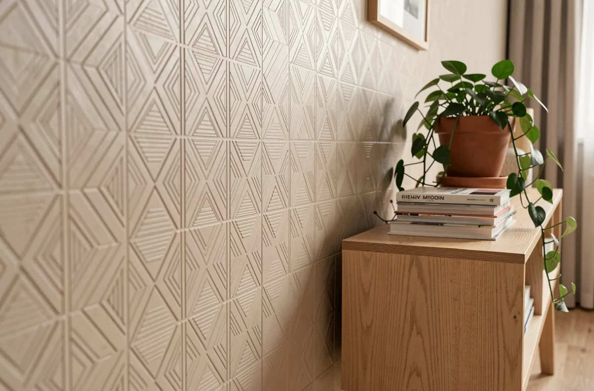 Détail de papier peint beige géométrique avec console en chêne clair et plante décorative