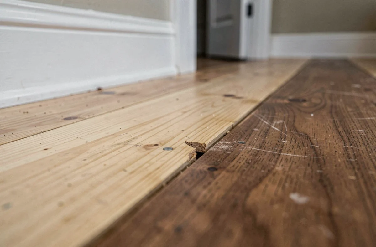 Gros plan sur un parquet mal posé avec des lames soulevées et des joints ouverts causant des grincements