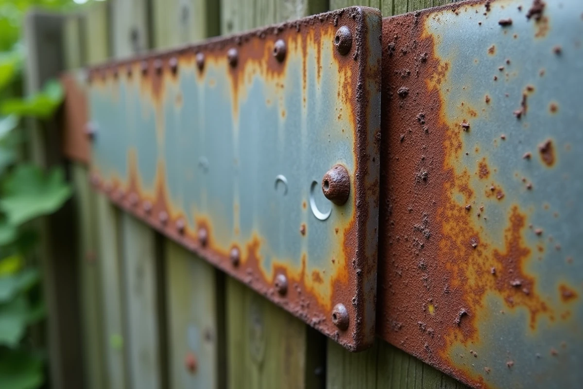 Détail de rouille naissante sur une tôle d'acier galvanisée fixée à une clôture extérieure
