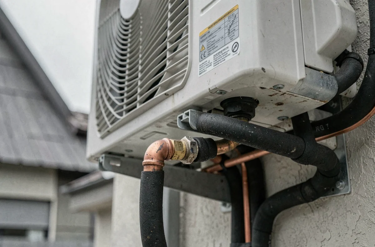 Détail des connexions et tuyaux en cuivre d'une pompe à chaleur Gree installée en extérieur