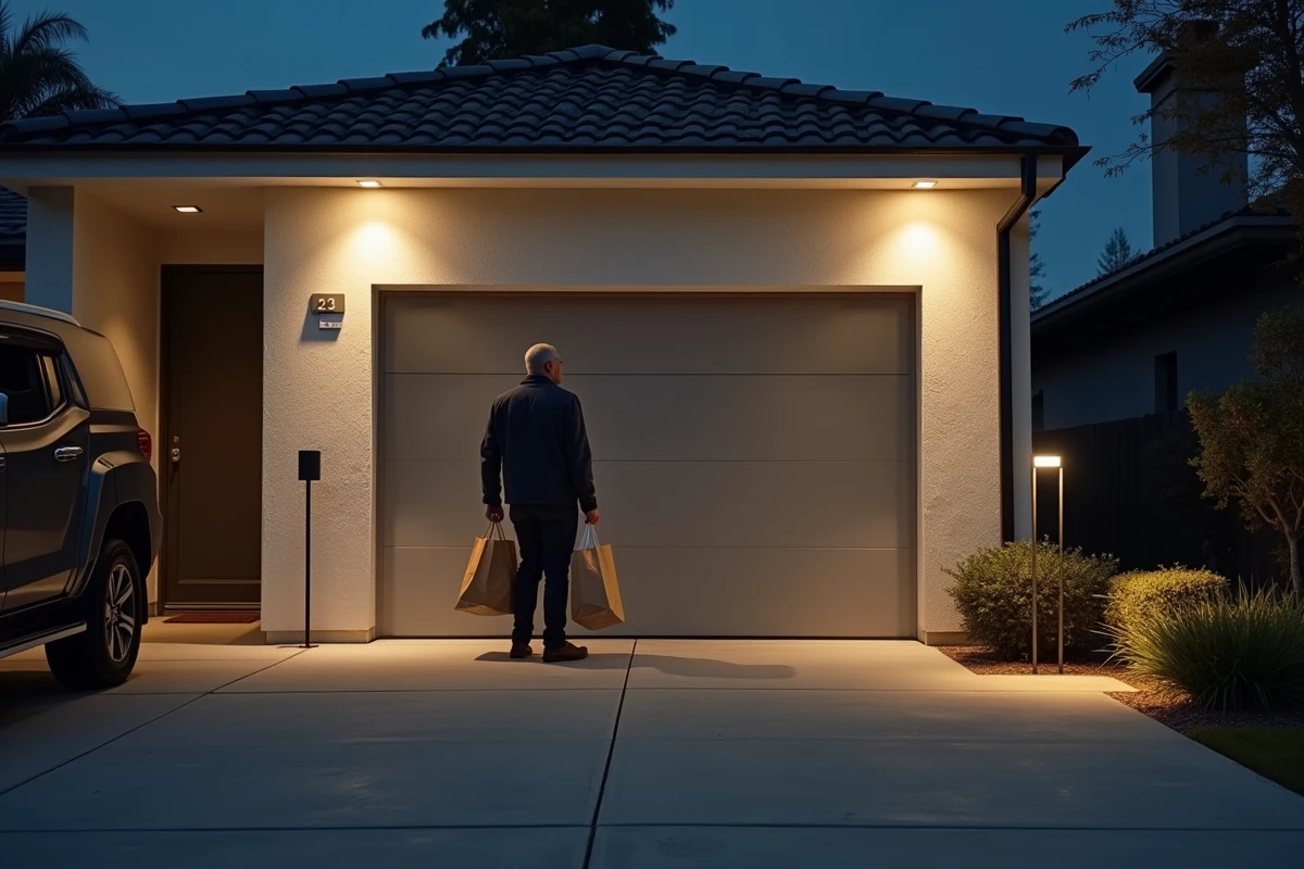Éclairage LED avec détecteur de mouvement sécurisant l'entrée d'un garage résidentiel moderne en soirée