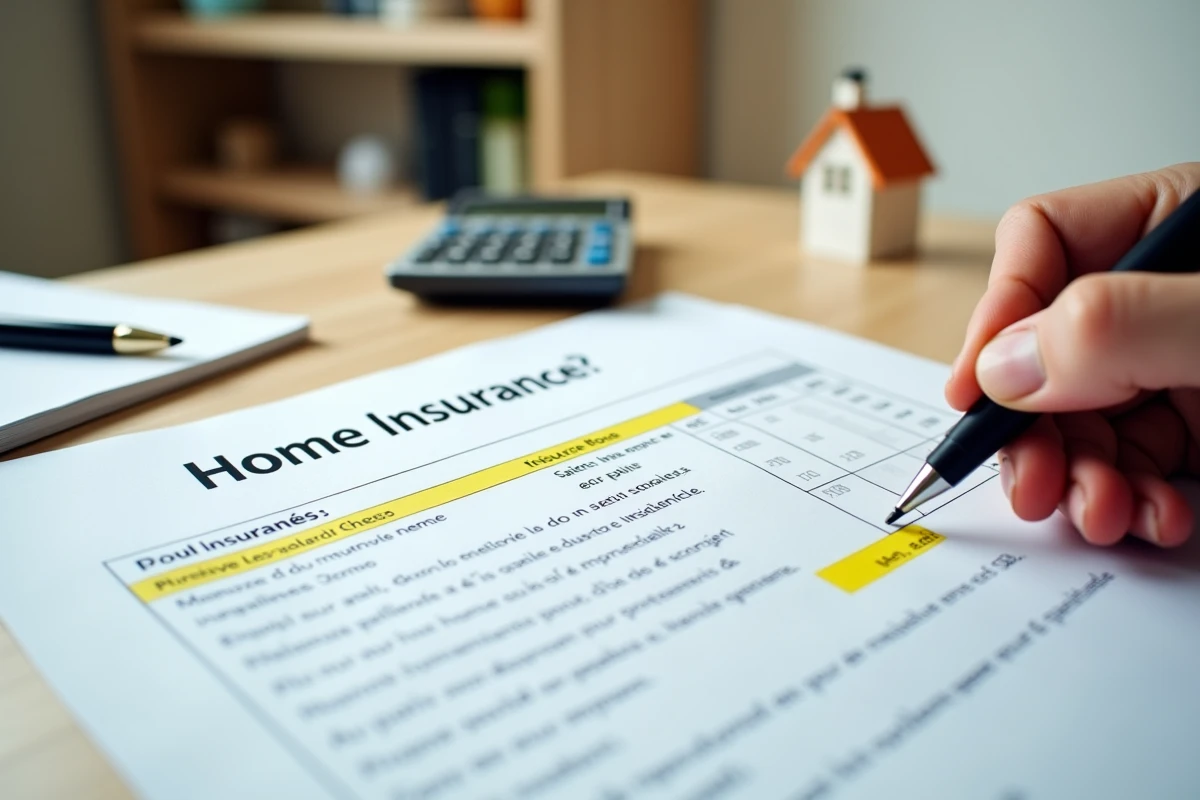 Devis d'assurance maison annoté avec surligneur et calculatrice sur un bureau à domicile