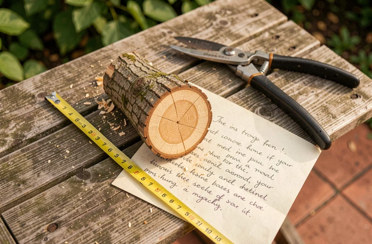 Devis d'élagage manuscrit posé près d'une coupe de branche fraîche et d'un sécateur dans un jardin à Yerres