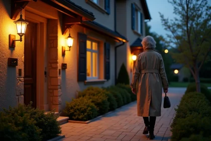 Femme rentrant chez elle le soir grâce à un éclairage extérieur sécurisé sur une allée en pierre pavée