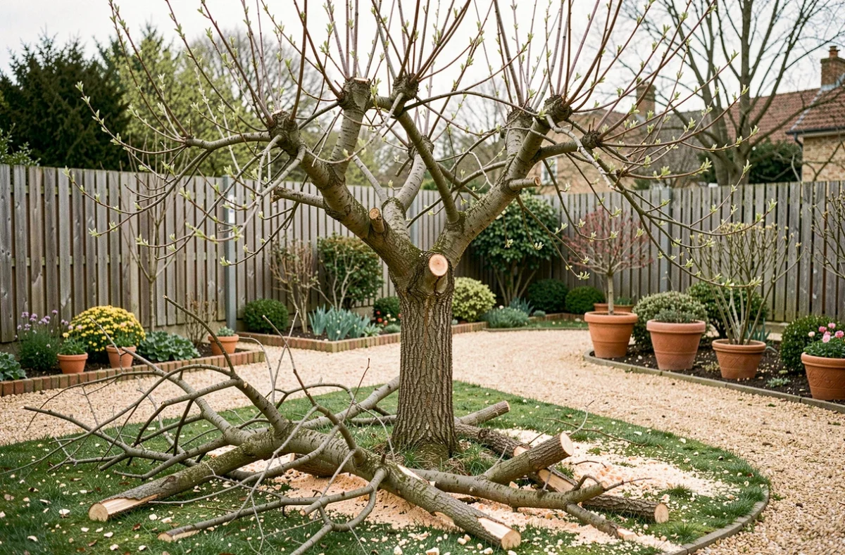 Arbre fruitier taillé avec branches coupées au sol dans un jardin privé en banlieue parisienne