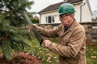 Homme en équipement de sécurité élaguant les branches basses d'un sapin dans un jardin résidentiel à l'automne